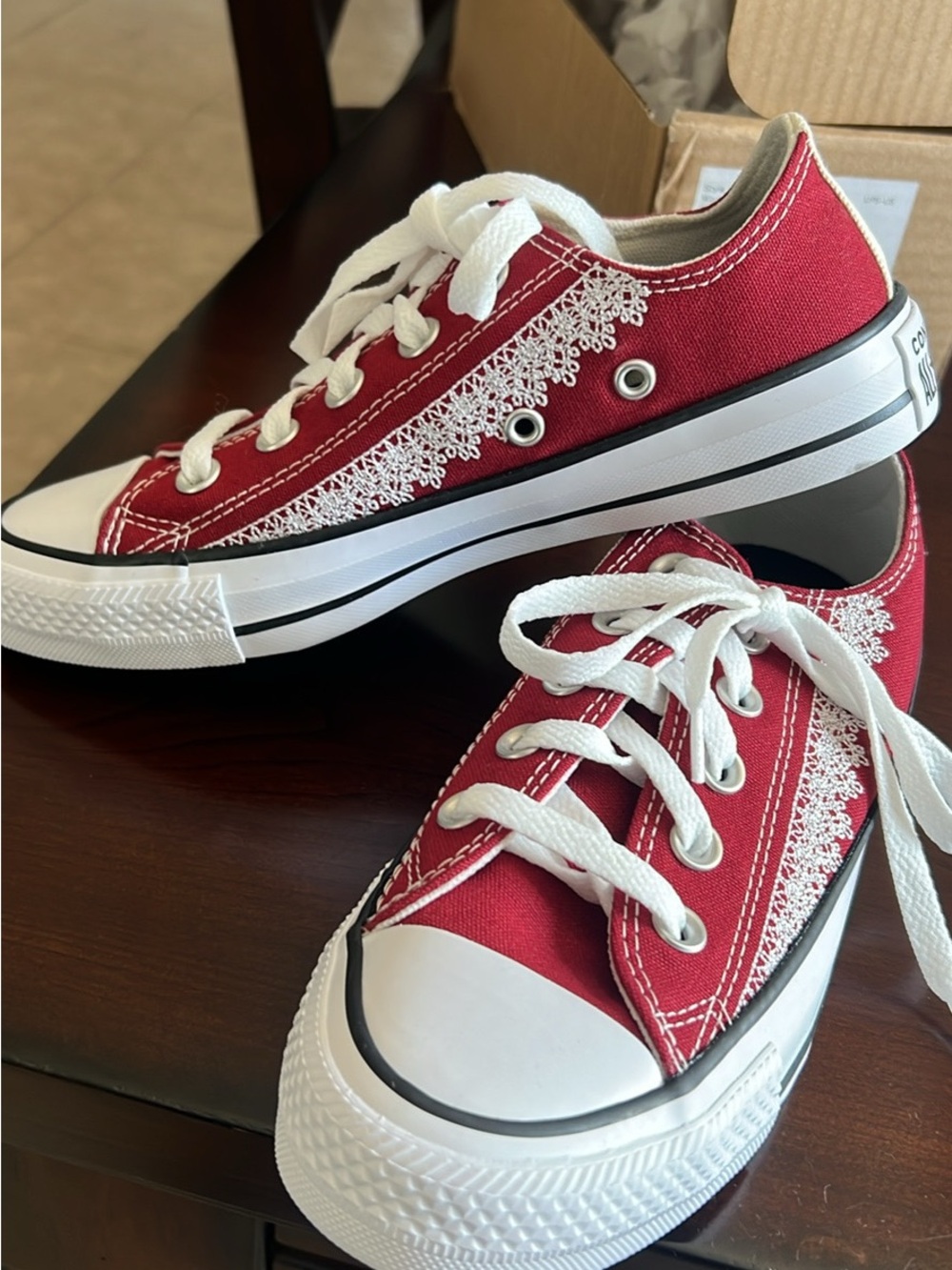 Converse Low-Top Red Canvas Sneakers with White Lace Trim